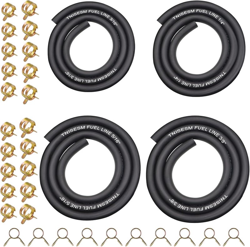 Tnisesm 4 Size Fuel Hose Line - 3/8" 5/16" 1/4" 3/16" ID Fuel Line Gas Tube Hose 3-Feet with 40Pcs Clamps for Small Engines Kawasaki EZGO Golf Cart Snowmobile Motorcycle ATV Tractor Lawn Mowers - Image 1